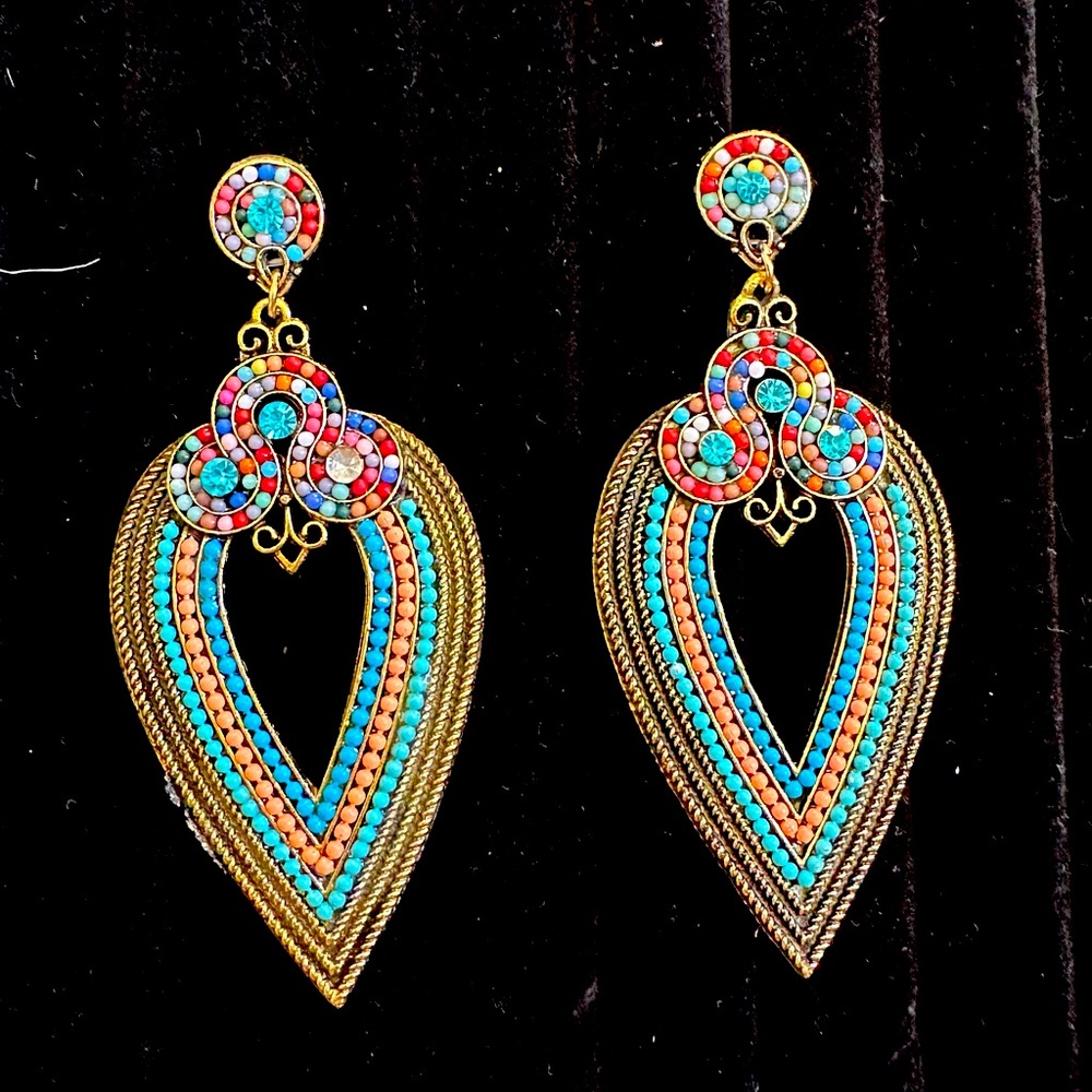 Boho Statement Teardrop Earrings with Multicolor Beading